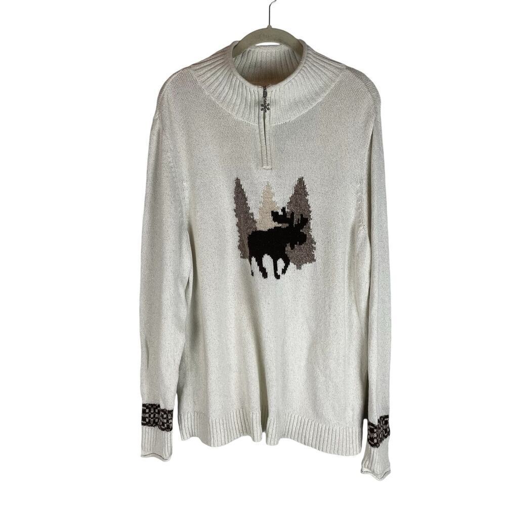 CJ Banks Christmas Winter mock neck quarter zip sweater moose graphic size 1X